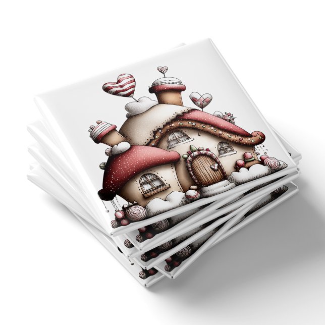 Imã Ímã de Natal Casa de Campo Coração Rosa (Pink Heart Cottage Christmas Magnet by PiggyPrint Stickers. )