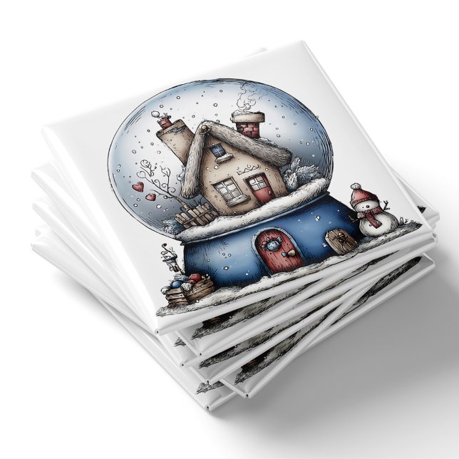 Imã Ímã de Natal de Bola de Neve Azul Caprichosa (Whimsical Blue Snow Globe Christmas Magnet by PiggyPrint Sticker. )