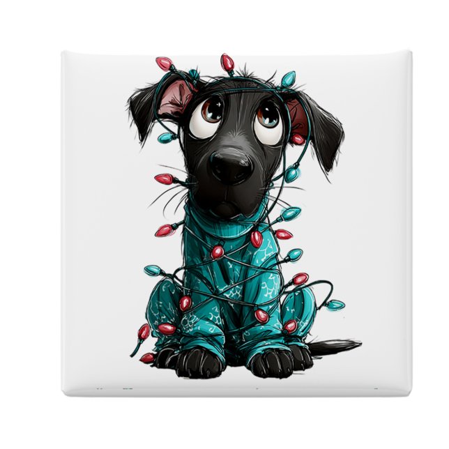 Imã Ímã de Natal de Cachorro Preto Caprichoso (Whimsical Black Dog Christmas Magnet by PiggyPrint Stickers)