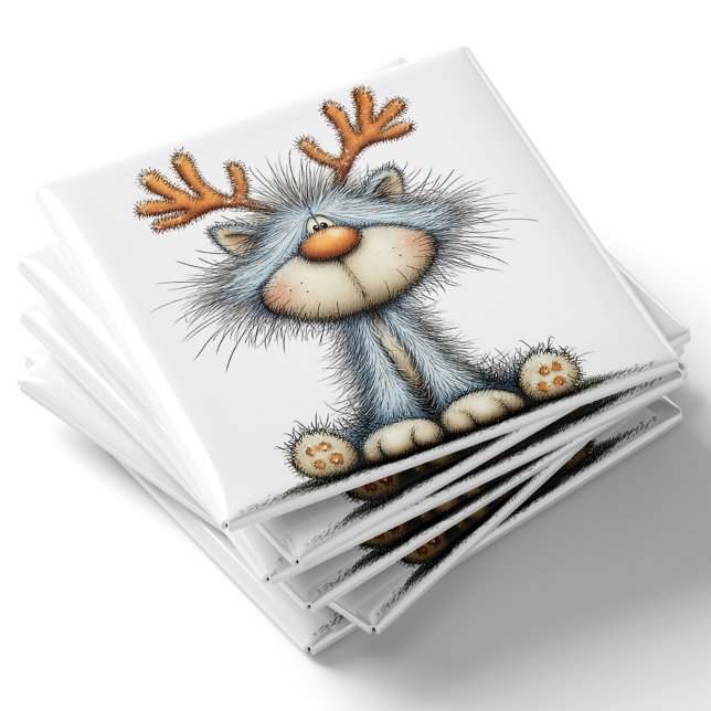 Imã Ímã de Natal de Gato Rena Fantasioso (Whimsical Reindeer Cat Christmas Magnet by PiggyPrint Stickers.)