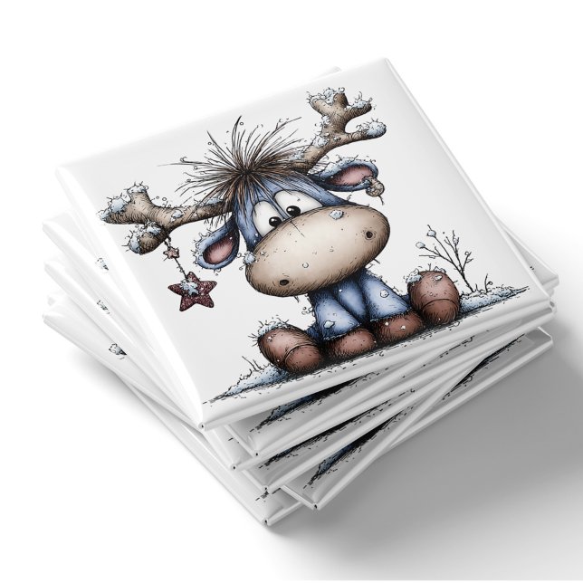 Imã Ímã de Natal de Rena Bebê Azul Caprichoso (Whimsical Blue Baby Reindeer Christmas Magnet by PiggyPrint Sticker.)