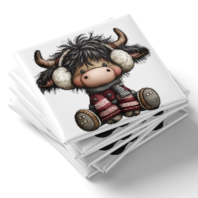 Imã Ímã de Natal de Vaca das Terras Altas Fofa (Cute Highland Cow Christmas Magnet by PiggyPrint Sticker.)