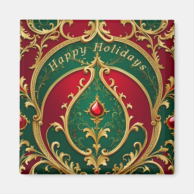 Imã Ímã de Natal Feriado Vermelho Verde Dourado (Frente)