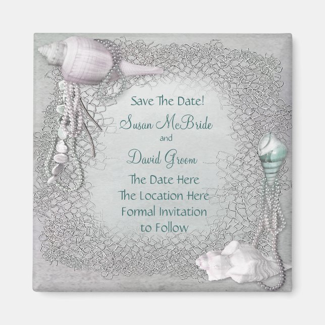 Imã Ímã de Pearl Seashell Beach Wedding Save The Date (Frente)