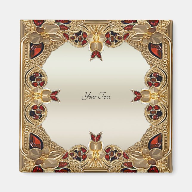 Imã Ímã de Pedra Preciosa Vermelha Flores Douradas (Frente)