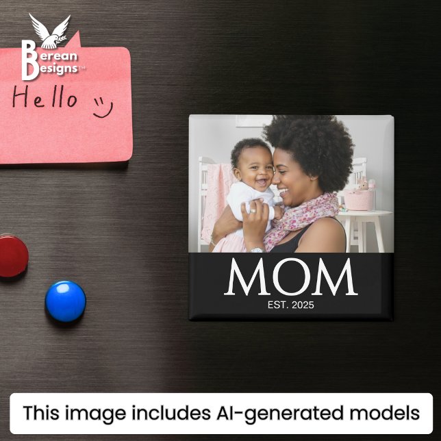 Imã Ímã de Presente de Foto Estabelecida pela Mamãe (Stylish MOM ESTABLISHED photo magnet with custom photo & text. Ideal Mother's day favor gift)