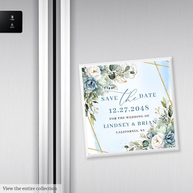 Imã Ímã de Salvar a Data Floral Azul Empoeirado Modern (Modern Dusty Blue Floral Gold Save the Date Magnet)