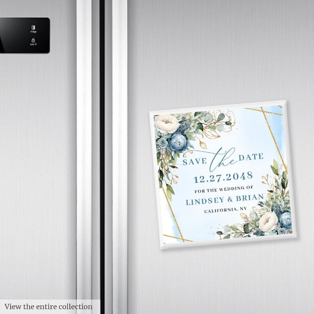 Imã Ímã Elegante Save the Date em Eucalipto Azul Empoe (Elegant Dusty Blue Floral Gold Save The Date Magnet

)