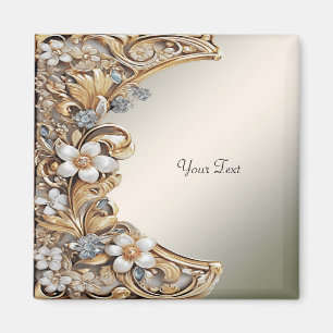 Imã Ímã Floral Branco Dourado Decorativo