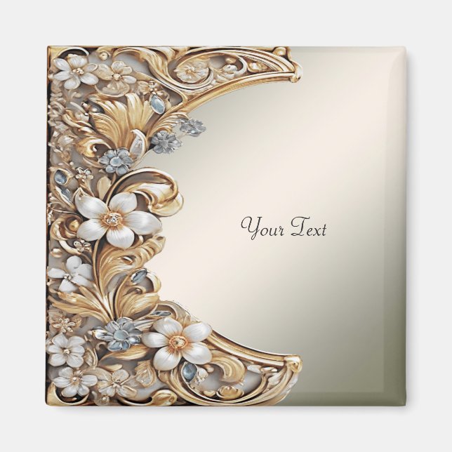 Imã Ímã Floral Branco Dourado Decorativo (Frente)