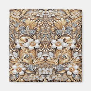 Imã Ímã Floral Branco Dourado Decorativo
