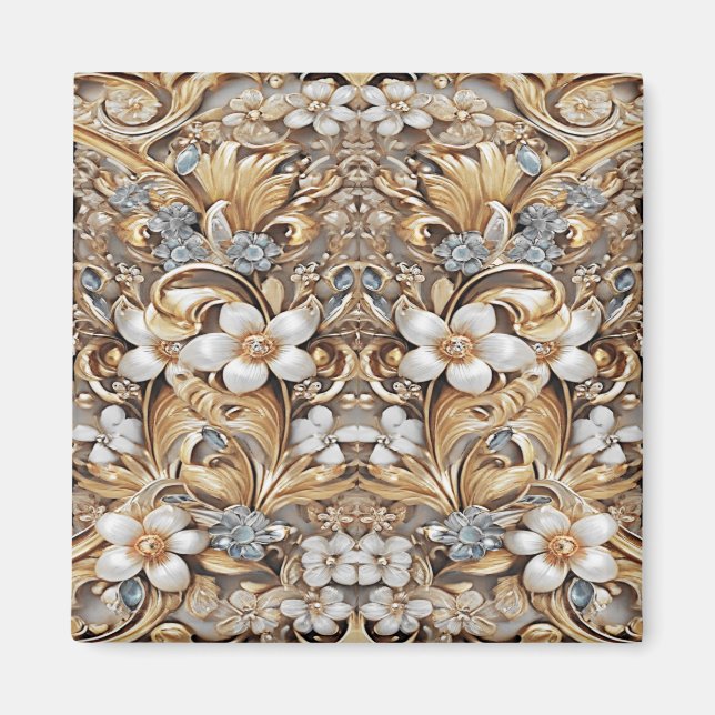 Imã Ímã Floral Branco Dourado Decorativo (Frente)