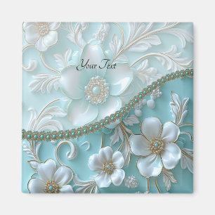 Imã Ímã Floral Branco Turquesa