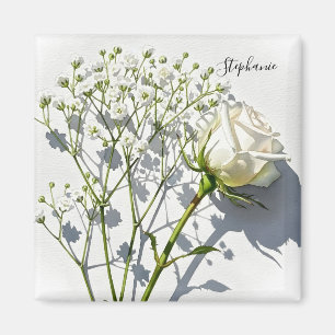 Imã Ímã Floral de Rosa Branca Personalizado