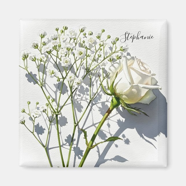 Imã Ímã Floral de Rosa Branca Personalizado (Frente)