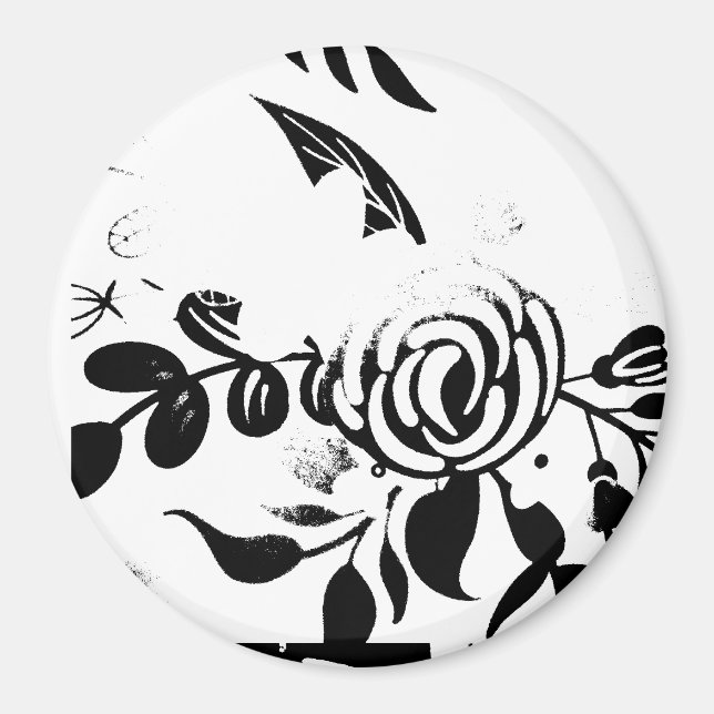 Imã Ímã Floral Desbotado Preto e Branco Clássico 3" (Frente)