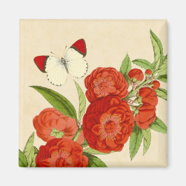 Imã Ímã floral vintage com flor vermelha e borboleta