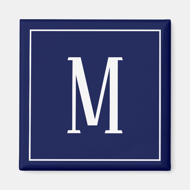 Imã Ímã Quadrado com Monograma Branco sobre Azul Marin (Frente)