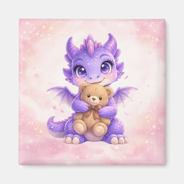 Imã Ímã Quadrado de Bebê Dragão Fofo Abraçando Urso de (Frente)