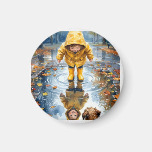 Imã Ímã Redondo Criança com Casaco Amarelo na Chuva
