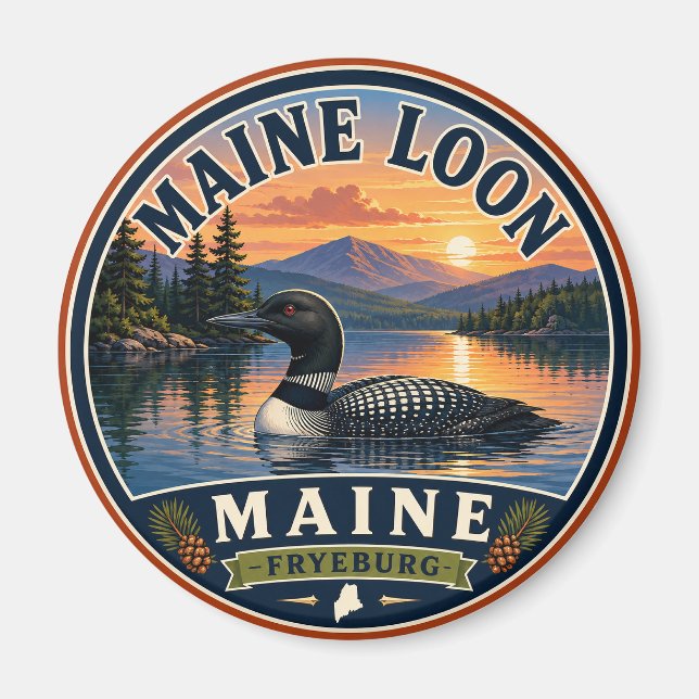 Imã Ímã Redondo Maine Loon Fryeburg Maine (Frente)