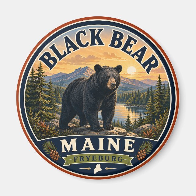 Imã Ímã Redondo Urso Preto Fryeburg Maine (Frente)