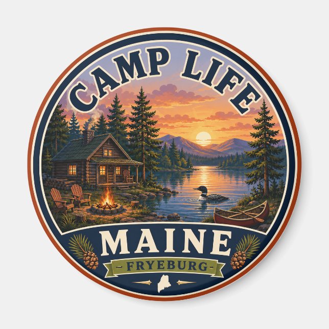 Imã Ímã Redondo Vida no Acampamento Fryeburg Maine (Frente)