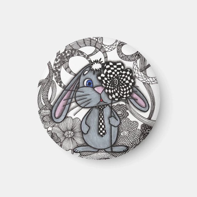 Imã Ímã Redondo Zen Doodle de Coelho Bonito Desenhado  (Frente)