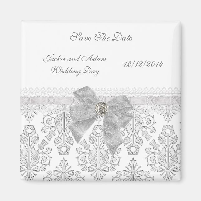 Imã Ímã Salvar Data Casamento Damask Branco (Frente)
