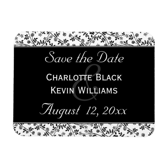 Ímã Imã salve a data Preta e Branca Floral (Horizontal)