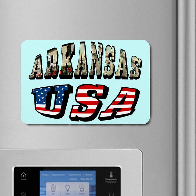 Ímã Imagem de Arkansas e Texto de Sinalizador EUA (Arkansas Picture and USA Flag Text Flexible Magnet)
