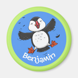 Imã Imagem de desenho animado de puffin voador feliz e