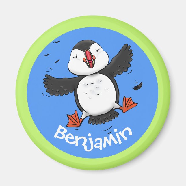 Imã Imagem de desenho animado de puffin voador feliz e (Frente)