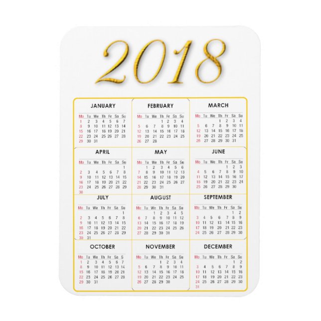 Ímã Imagem do Calendário 2018 Dourado e Branco (Vertical)
