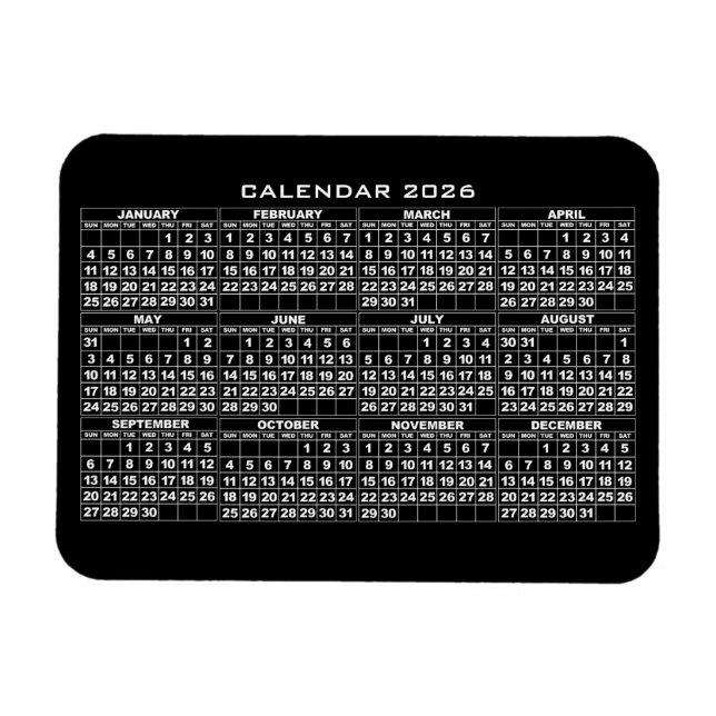 Ímã Imagem do Calendário 2026 Preto (Horizontal)