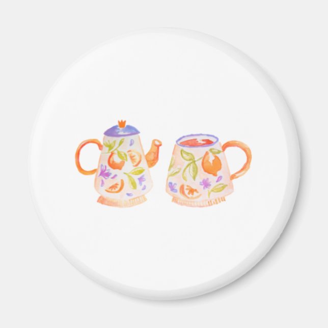 Imã Iman con tazas, conjunto cute naranja floral (Frente)