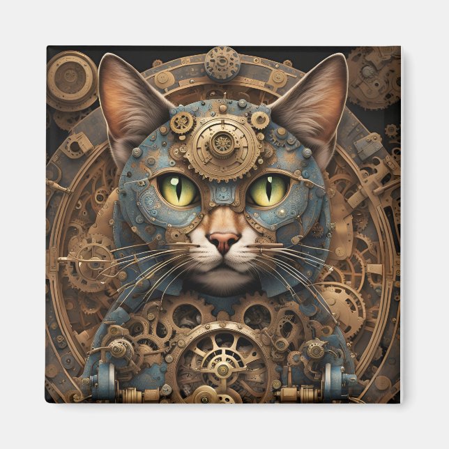 Imã íman de arte AI de gato-de-steampunk azul (Frente)