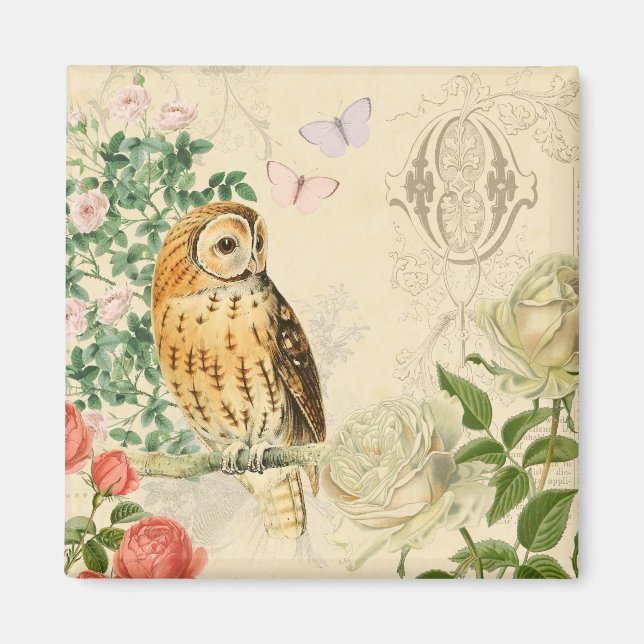 Imã Íman de coruja floral com belos rosas (Frente)