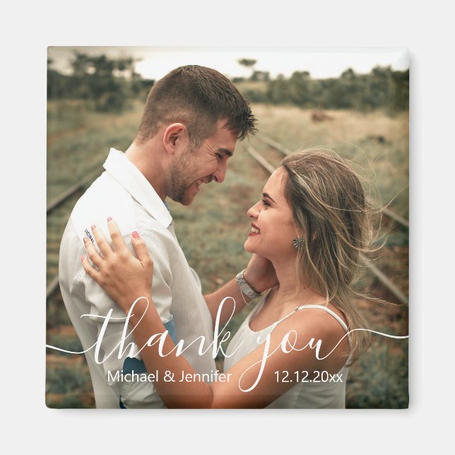 Imã íman de foto de casamento com letra chic obrigado (Frente)