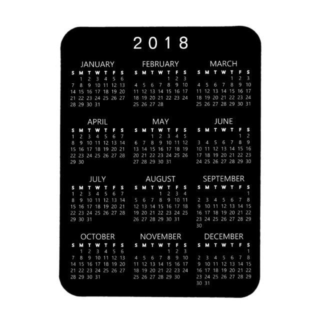 Ímã Íman do Calendário 2018 - Preto - (Ano de Fonte Pe (Vertical)