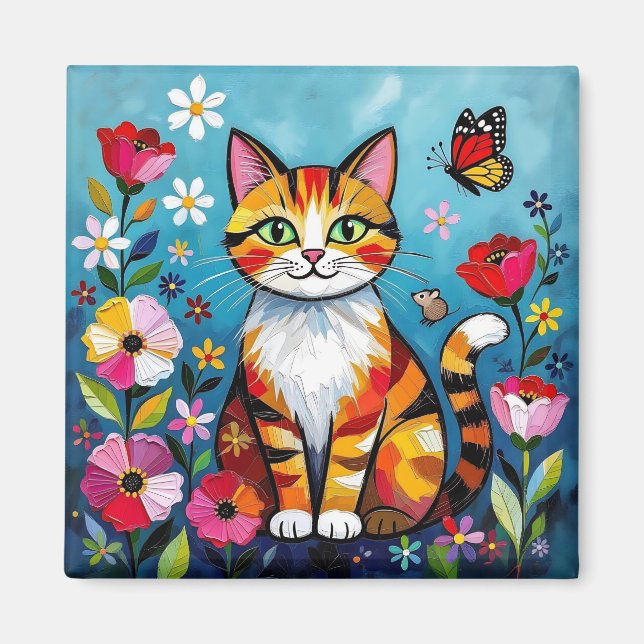 Imã Impasto Cat, Flowers & Butterfly (Frente)