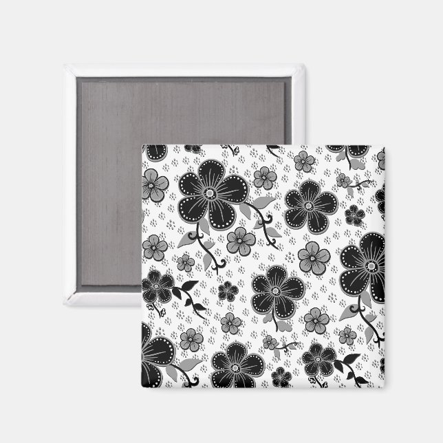 Imã Impressão Floral preto-e-branco (Front/Back)