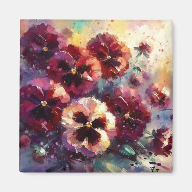 Imã Impressionista Maroon Pansies Floral Pintura (Frente)