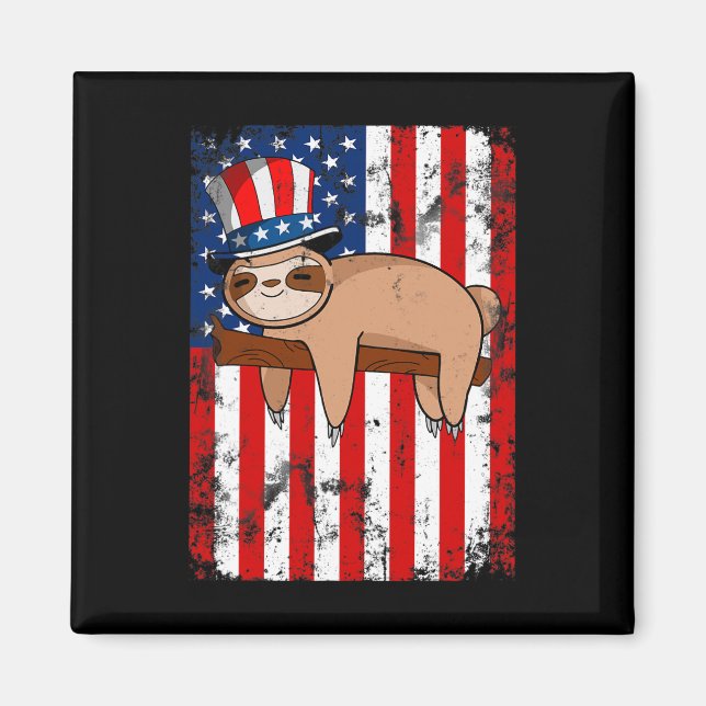 Imã Independência De Bandeiras Americanas Cute Sloth (Frente)