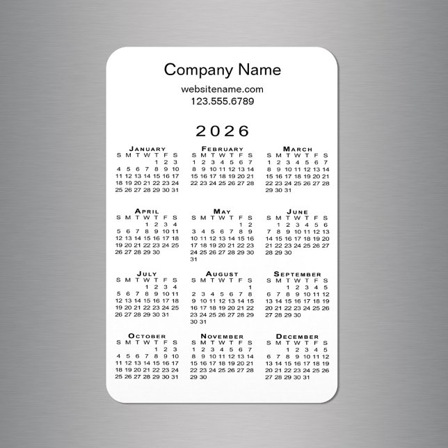 Ímã Informações mínimas sobre o nome da empresa do cal (Minimal 2026 Calendar Company Name Info on White Magnet in situ)