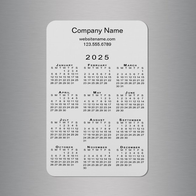 Ímã Informações mínimas sobre o nome da empresa do cal (Minimal 2025 Calendar Company Name Info on Grey Magnet in situ)