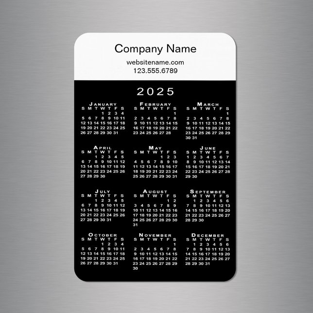 Ímã Informações sobre o nome da empresa do calendário  (Modern 2025 Calendar Company Name Info Black White Magnet in situ)