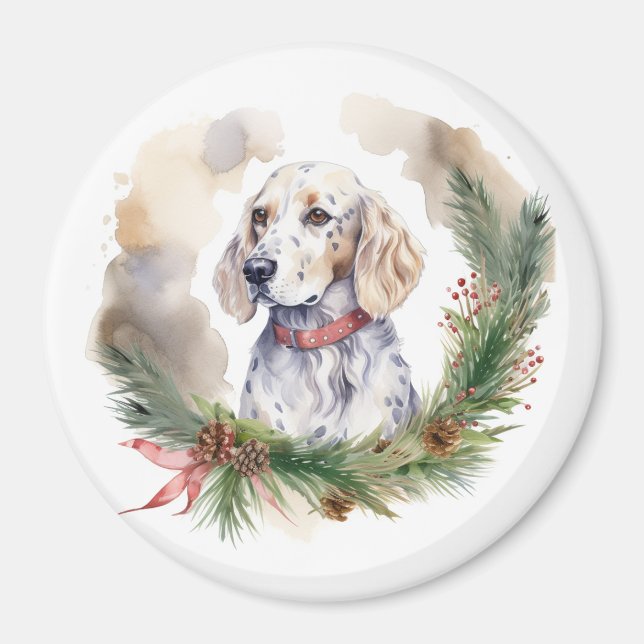 Imã Inglês Setter Christmas Wreath Festivo Pup (Frente)