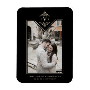 Ímã Iniciais de Ouro Chic Flourish, sofisticado, preto