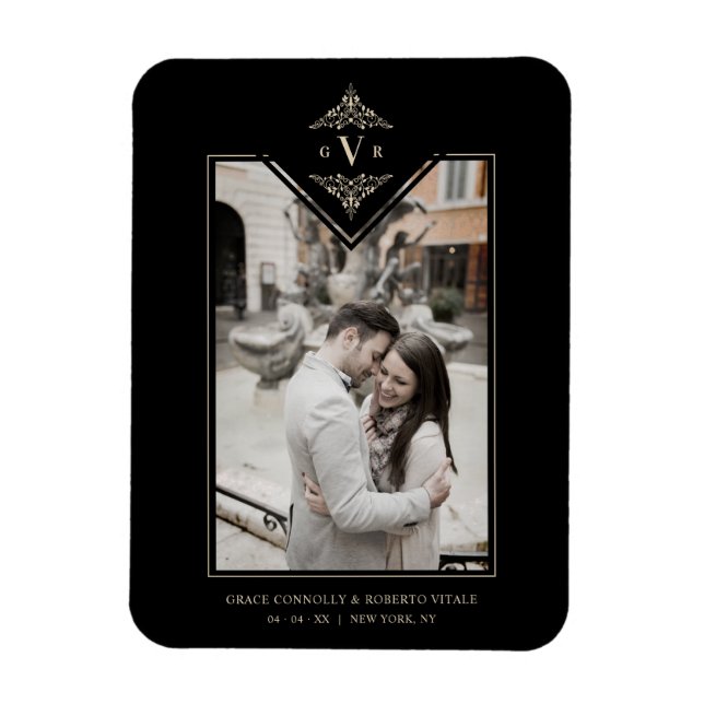 Ímã Iniciais de Ouro Chic Flourish, sofisticado, preto (Vertical)